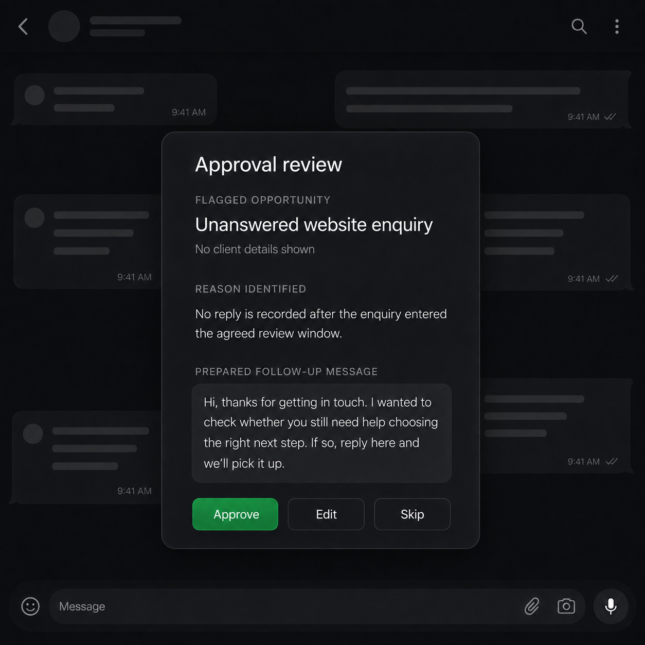 Dark messaging interface showing an approval review for an unanswered website enquiry.